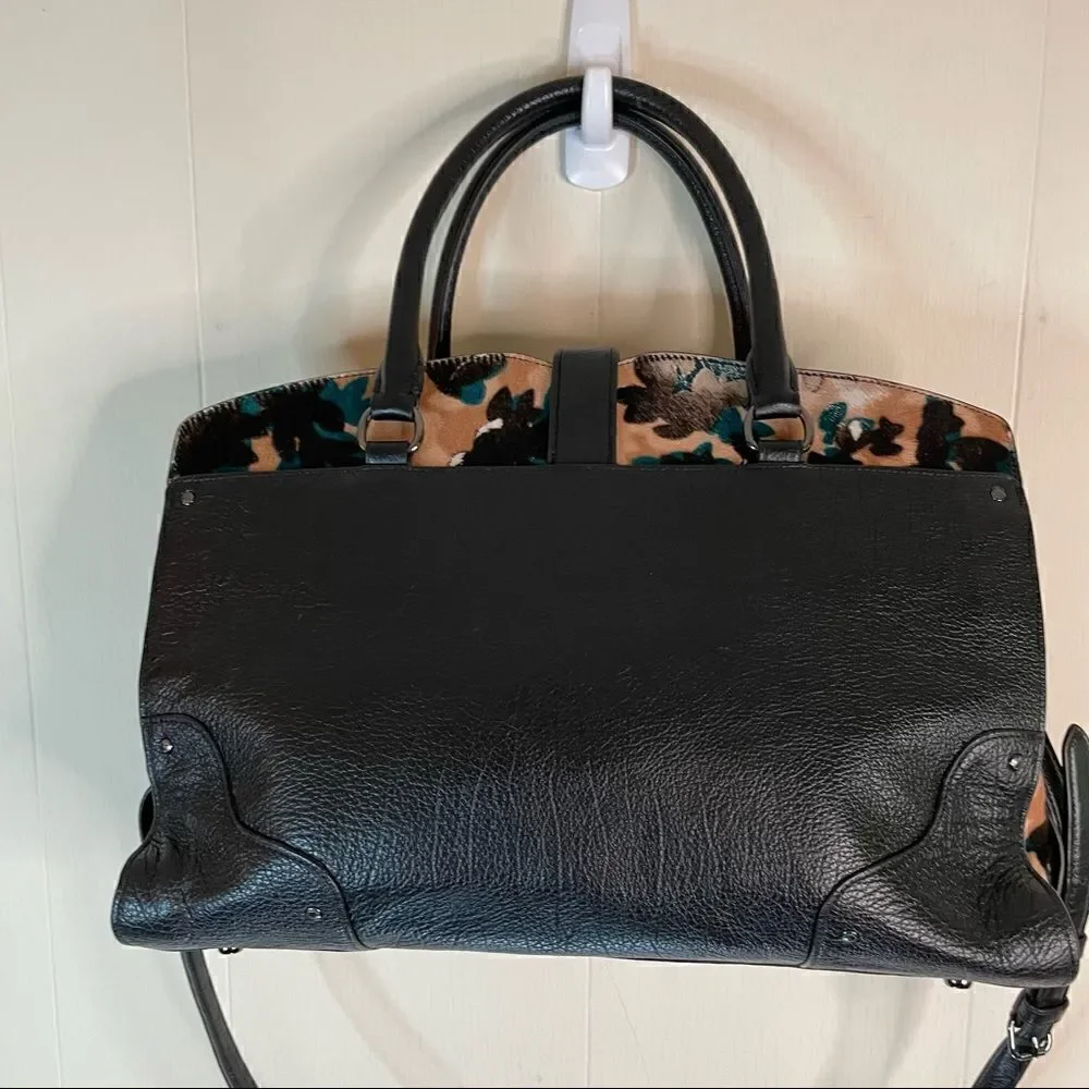 Coach Mercer Calfhair Satchel 38357 Black Scattered Leaf